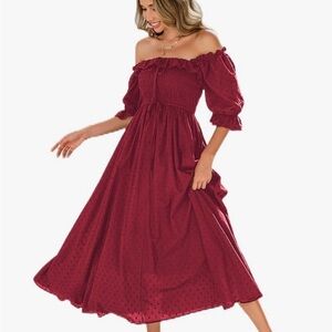 Off-Shoulder Burgundy Midi Dress with Smocked Bodice